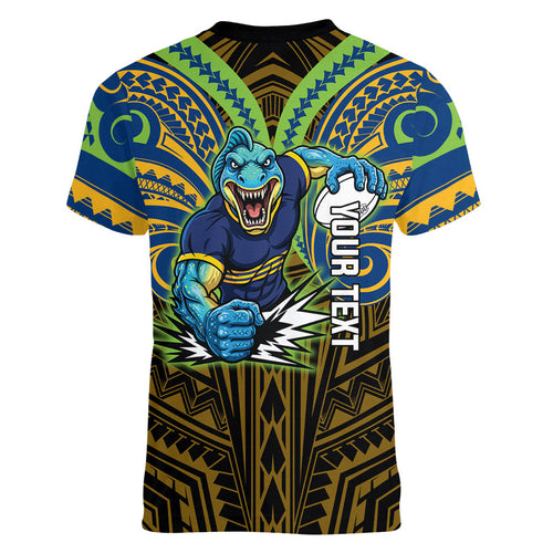 Custom Parramatta Eels Women V-Neck T-Shirt Eel Warrior Polynesia Islander Rugby Mascot