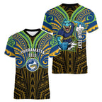 Custom Parramatta Eels Women V-Neck T-Shirt Eel Warrior Polynesia Islander Rugby Mascot