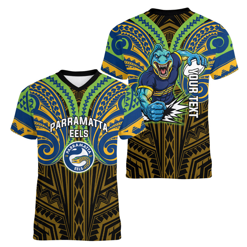 Custom Parramatta Eels Women V-Neck T-Shirt Eel Warrior Polynesia Islander Rugby Mascot