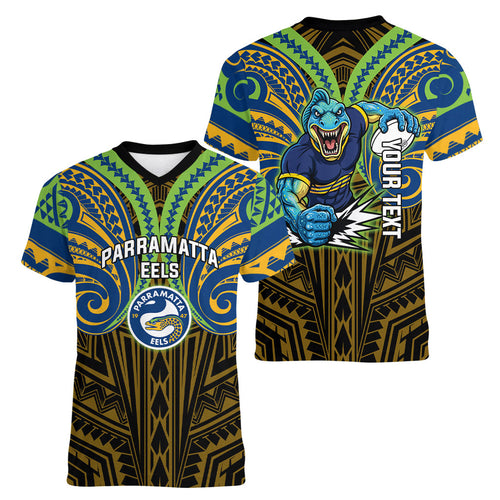 Custom Parramatta Eels Women V-Neck T-Shirt Eel Warrior Polynesia Islander Rugby Mascot