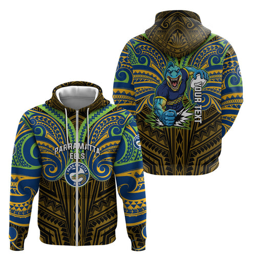 Custom Parramatta Eels Zip Hoodie Eel Warrior Polynesia Islander Rugby Mascot