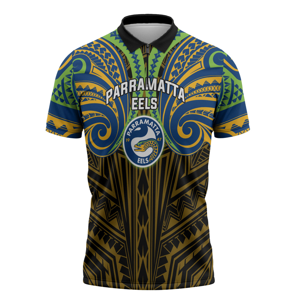 Custom Parramatta Eels Zipper Polo Shirt Eel Warrior Polynesia Islander Rugby Mascot