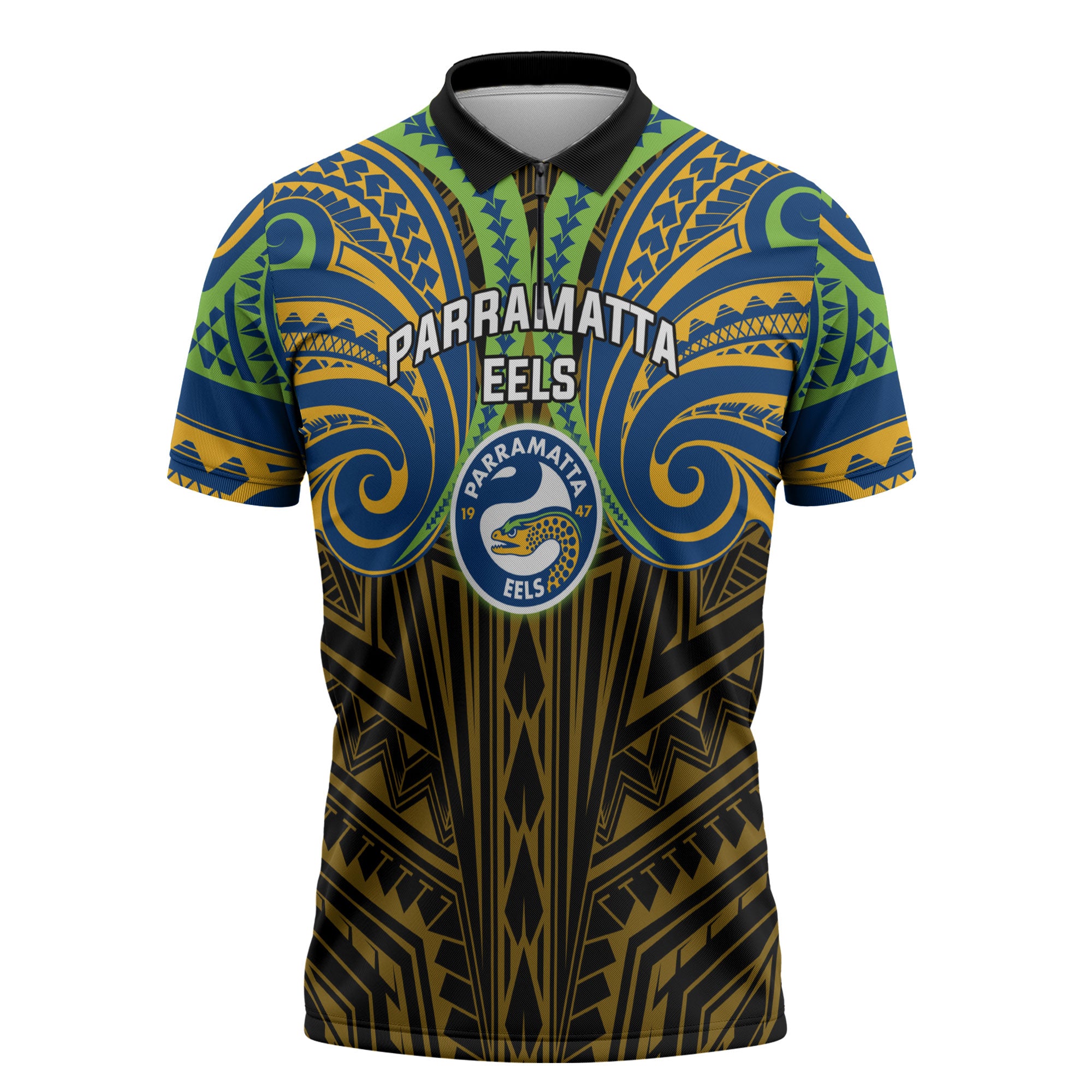 Custom Parramatta Eels Zipper Polo Shirt Eel Warrior Polynesia Islander Rugby Mascot