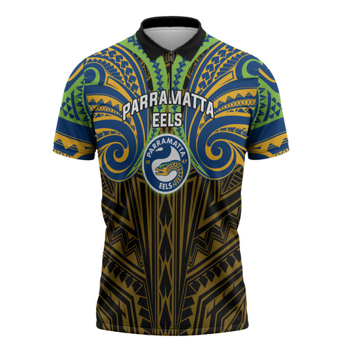 Custom Parramatta Eels Zipper Polo Shirt Eel Warrior Polynesia Islander Rugby Mascot