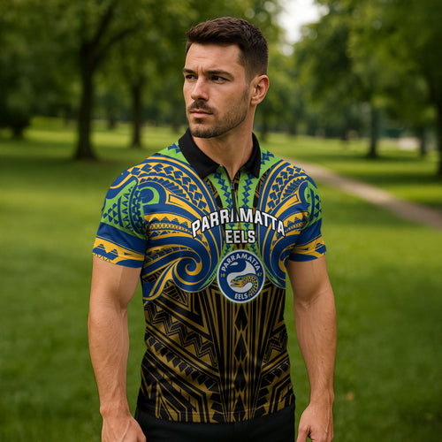 Custom Parramatta Eels Zipper Polo Shirt Eel Warrior Polynesia Islander Rugby Mascot