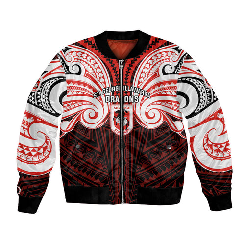 Custom St. George Illawarra Dragons Bomber Jacket Dragon Warrior Polynesia Islander Rugby Mascot