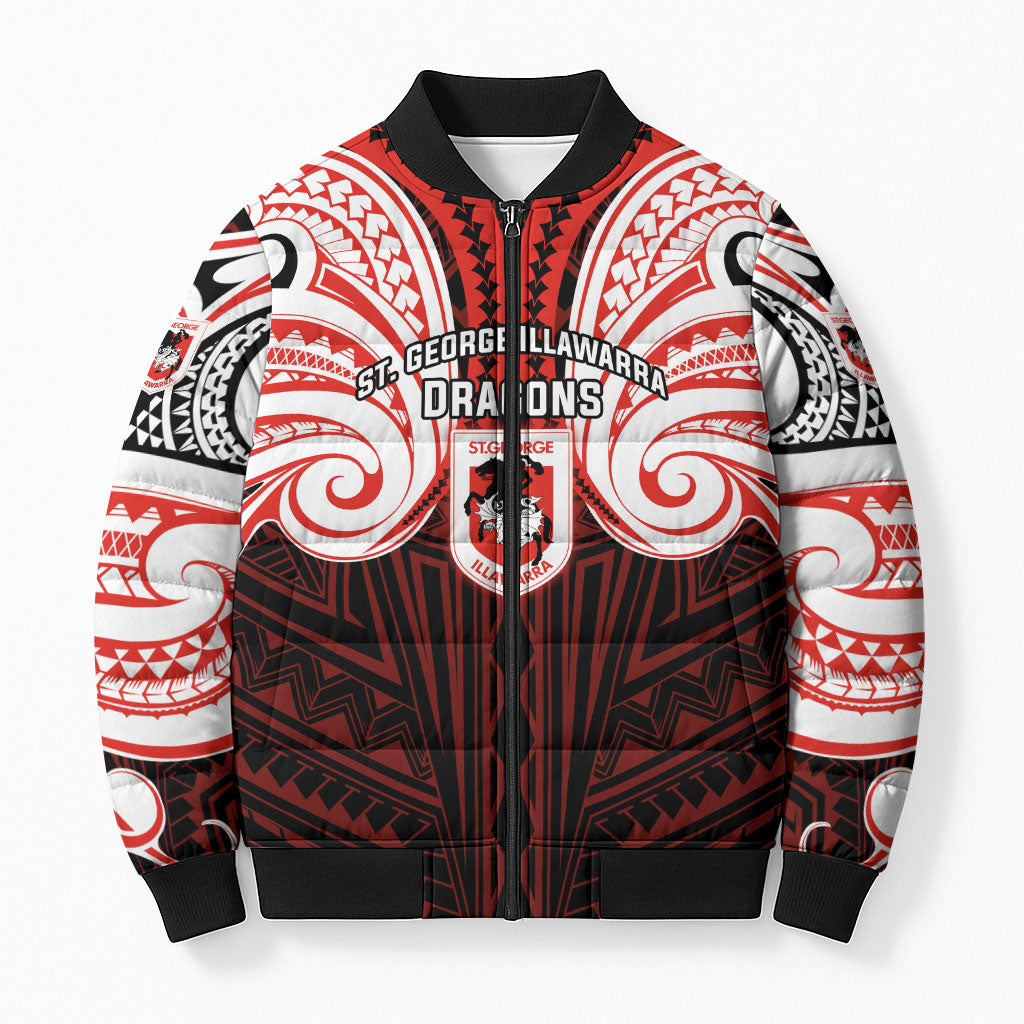 Custom St. George Illawarra Dragons Bomber Puffer Jacket Dragon Warrior Polynesia Islander Rugby Mascot