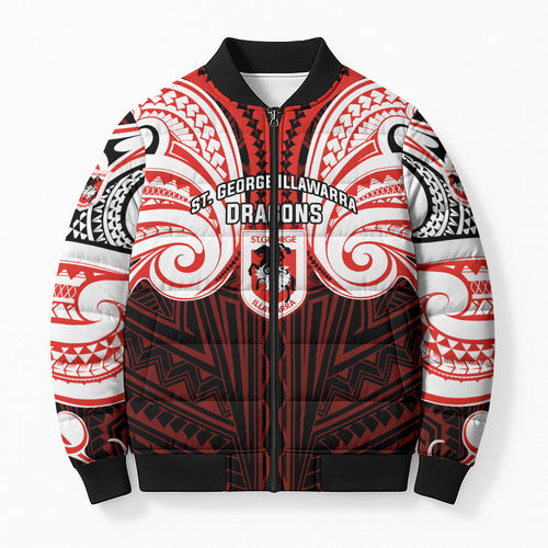 Custom St. George Illawarra Dragons Bomber Puffer Jacket Dragon Warrior Polynesia Islander Rugby Mascot