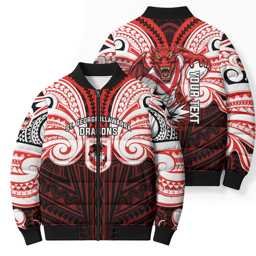 Custom St. George Illawarra Dragons Bomber Puffer Jacket Dragon Warrior Polynesia Islander Rugby Mascot