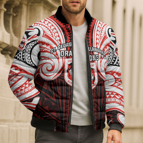Custom St. George Illawarra Dragons Bomber Puffer Jacket Dragon Warrior Polynesia Islander Rugby Mascot