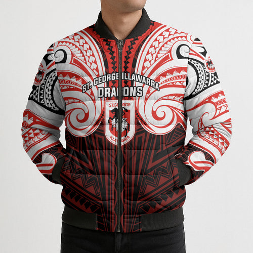 Custom St. George Illawarra Dragons Bomber Puffer Jacket Dragon Warrior Polynesia Islander Rugby Mascot