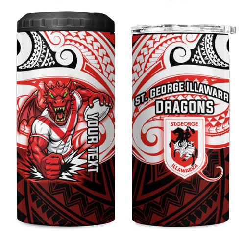 Custom St. George Illawarra Dragons 4 in 1 Can Cooler Tumbler Dragon Warrior Polynesia Islander Rugby Mascot