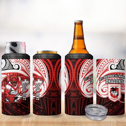 Custom St. George Illawarra Dragons 4 in 1 Can Cooler Tumbler Dragon Warrior Polynesia Islander Rugby Mascot