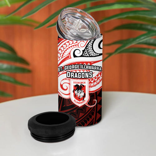 Custom St. George Illawarra Dragons 4 in 1 Can Cooler Tumbler Dragon Warrior Polynesia Islander Rugby Mascot