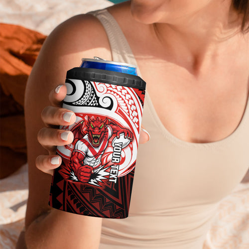 Custom St. George Illawarra Dragons 4 in 1 Can Cooler Tumbler Dragon Warrior Polynesia Islander Rugby Mascot
