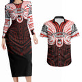 Custom St. George Illawarra Dragons Couples Matching Long Sleeve Bodycon Dress and Hawaiian Shirt Dragon Warrior Polynesia Islander Rugby Mascot
