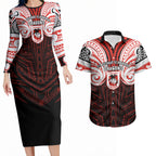 Custom St. George Illawarra Dragons Couples Matching Long Sleeve Bodycon Dress and Hawaiian Shirt Dragon Warrior Polynesia Islander Rugby Mascot