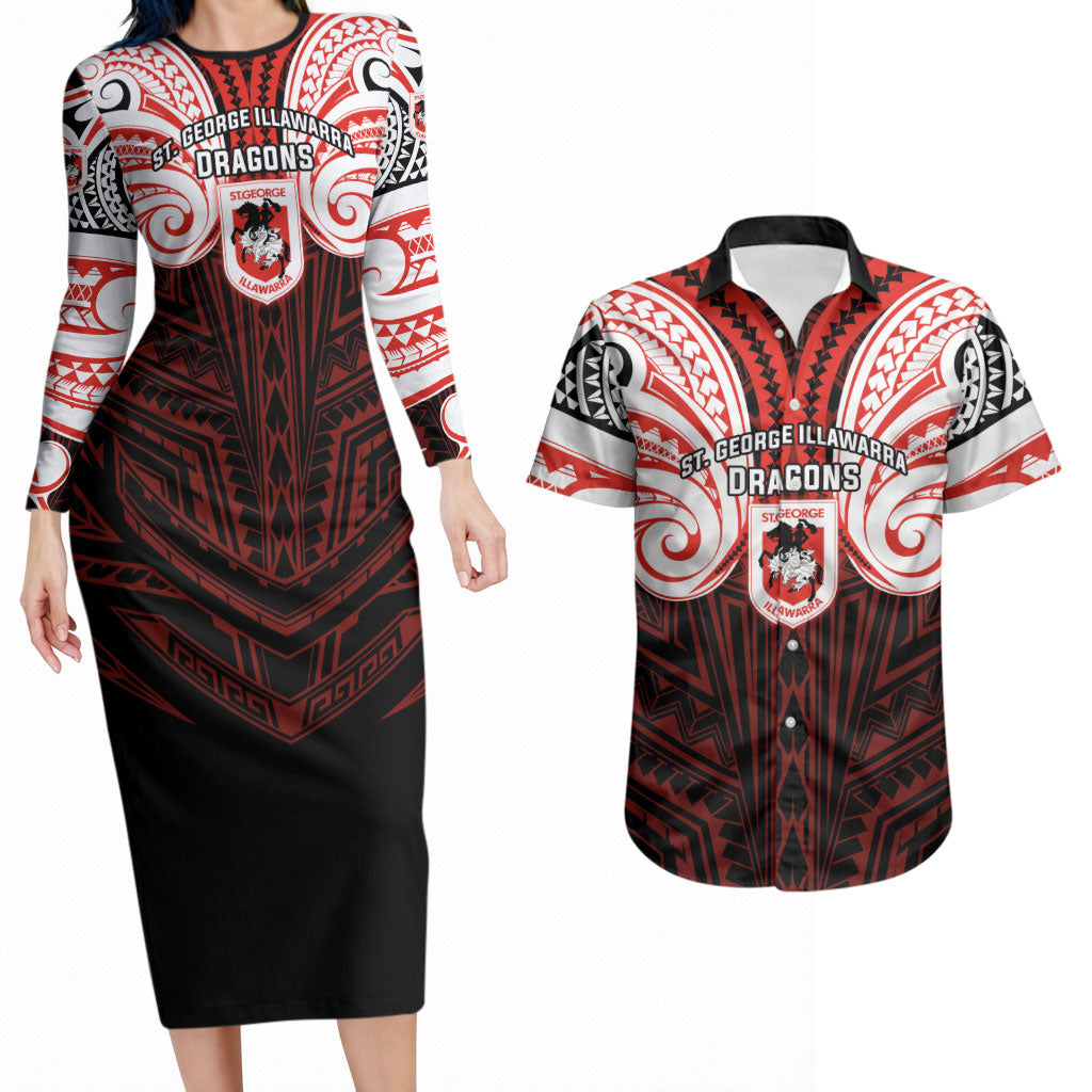 Custom St. George Illawarra Dragons Couples Matching Long Sleeve Bodycon Dress and Hawaiian Shirt Dragon Warrior Polynesia Islander Rugby Mascot