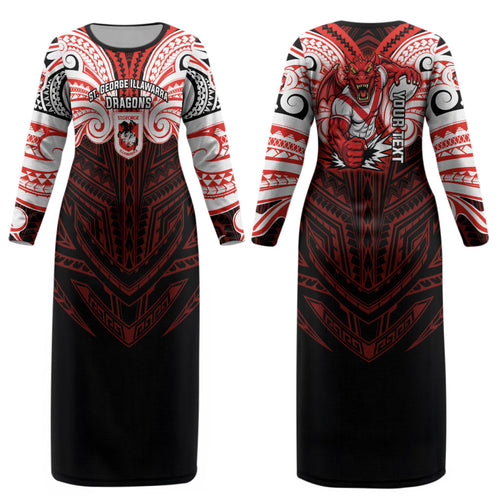 Custom St. George Illawarra Dragons Couples Matching Long Sleeve Bodycon Dress and Hawaiian Shirt Dragon Warrior Polynesia Islander Rugby Mascot