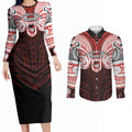 Custom St. George Illawarra Dragons Couples Matching Long Sleeve Bodycon Dress and Long Sleeve Button Shirt Dragon Warrior Polynesia Islander Rugby Mascot