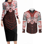 Custom St. George Illawarra Dragons Couples Matching Long Sleeve Bodycon Dress and Long Sleeve Button Shirt Dragon Warrior Polynesia Islander Rugby Mascot