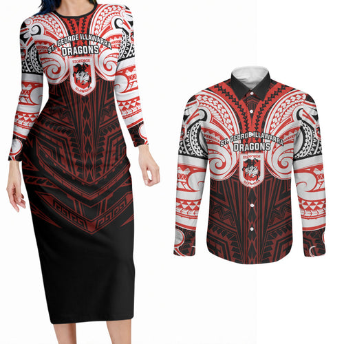 Custom St. George Illawarra Dragons Couples Matching Long Sleeve Bodycon Dress and Long Sleeve Button Shirt Dragon Warrior Polynesia Islander Rugby Mascot