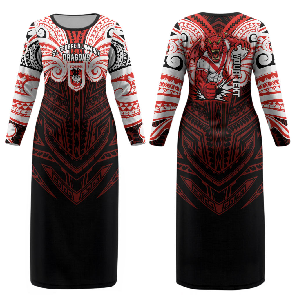 Custom St. George Illawarra Dragons Couples Matching Long Sleeve Bodycon Dress and Long Sleeve Button Shirt Dragon Warrior Polynesia Islander Rugby Mascot