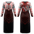 Custom St. George Illawarra Dragons Couples Matching Long Sleeve Bodycon Dress and Long Sleeve Button Shirt Dragon Warrior Polynesia Islander Rugby Mascot
