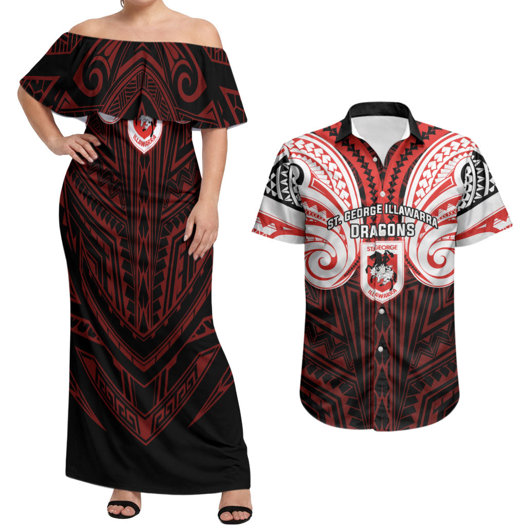 Custom St. George Illawarra Dragons Couples Matching Off Shoulder Maxi Dress and Hawaiian Shirt Dragon Warrior Polynesia Islander Rugby Mascot