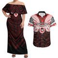 Custom St. George Illawarra Dragons Couples Matching Off Shoulder Maxi Dress and Hawaiian Shirt Dragon Warrior Polynesia Islander Rugby Mascot