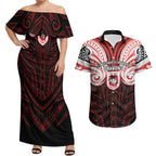 Custom St. George Illawarra Dragons Couples Matching Off Shoulder Maxi Dress and Hawaiian Shirt Dragon Warrior Polynesia Islander Rugby Mascot