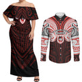 Custom St. George Illawarra Dragons Couples Matching Off Shoulder Maxi Dress and Long Sleeve Button Shirt Dragon Warrior Polynesia Islander Rugby Mascot