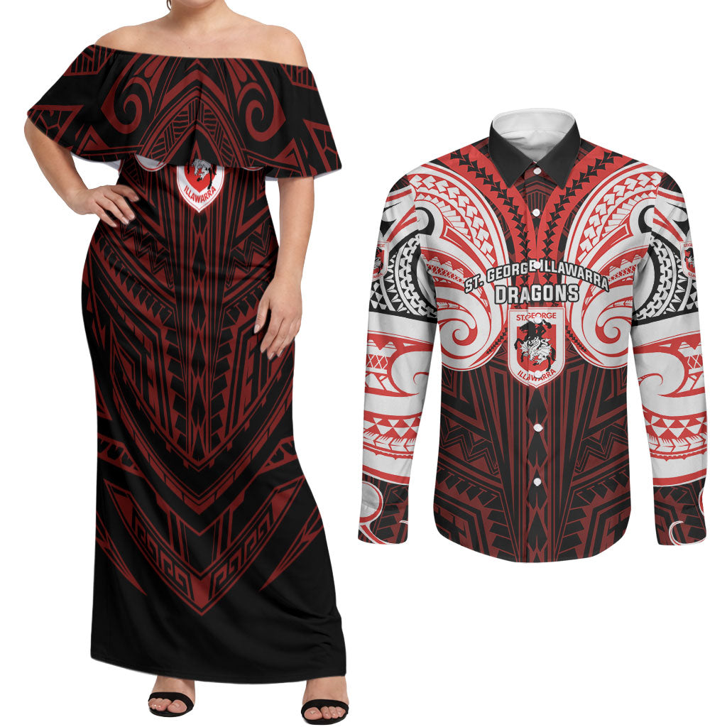 Custom St. George Illawarra Dragons Couples Matching Off Shoulder Maxi Dress and Long Sleeve Button Shirt Dragon Warrior Polynesia Islander Rugby Mascot