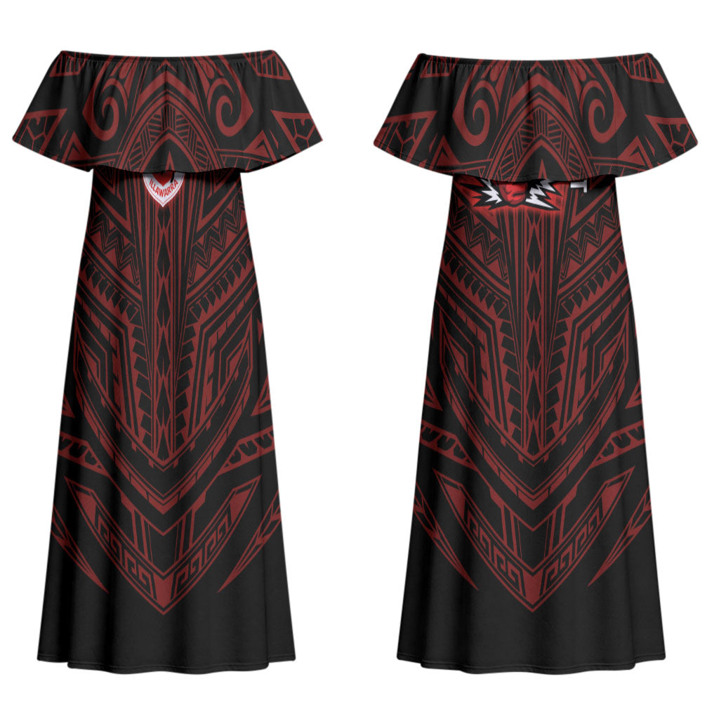 Custom St. George Illawarra Dragons Couples Matching Off Shoulder Maxi Dress and Long Sleeve Button Shirt Dragon Warrior Polynesia Islander Rugby Mascot