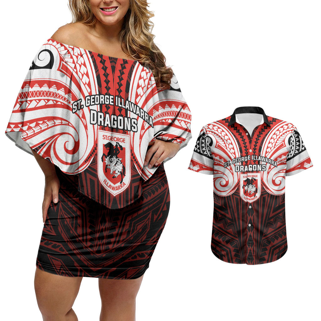 Custom St. George Illawarra Dragons Couples Matching Off Shoulder Short Dress and Hawaiian Shirt Dragon Warrior Polynesia Islander Rugby Mascot