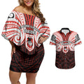 Custom St. George Illawarra Dragons Couples Matching Off Shoulder Short Dress and Hawaiian Shirt Dragon Warrior Polynesia Islander Rugby Mascot