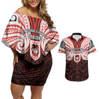 Custom St. George Illawarra Dragons Couples Matching Off Shoulder Short Dress and Hawaiian Shirt Dragon Warrior Polynesia Islander Rugby Mascot