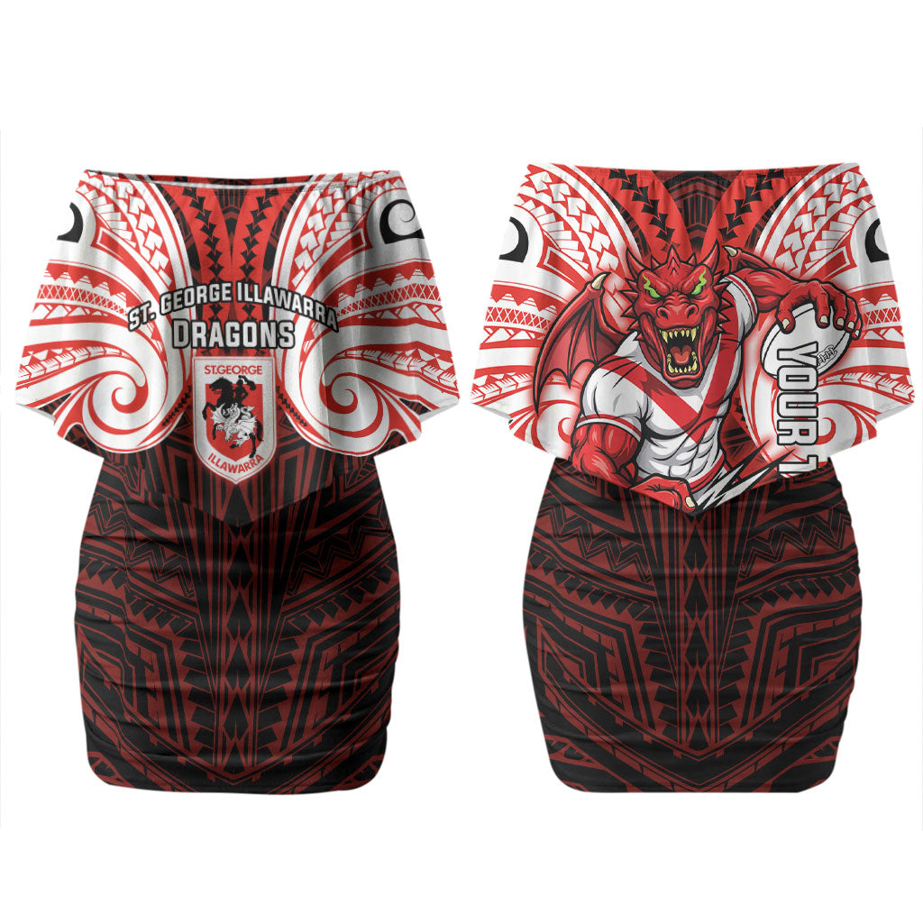 Custom St. George Illawarra Dragons Couples Matching Off Shoulder Short Dress and Hawaiian Shirt Dragon Warrior Polynesia Islander Rugby Mascot