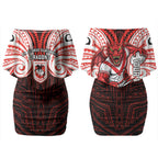 Custom St. George Illawarra Dragons Couples Matching Off Shoulder Short Dress and Hawaiian Shirt Dragon Warrior Polynesia Islander Rugby Mascot