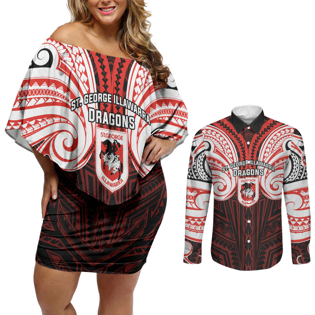 Custom St. George Illawarra Dragons Couples Matching Off Shoulder Short Dress and Long Sleeve Button Shirt Dragon Warrior Polynesia Islander Rugby Mascot