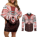 Custom St. George Illawarra Dragons Couples Matching Off Shoulder Short Dress and Long Sleeve Button Shirt Dragon Warrior Polynesia Islander Rugby Mascot