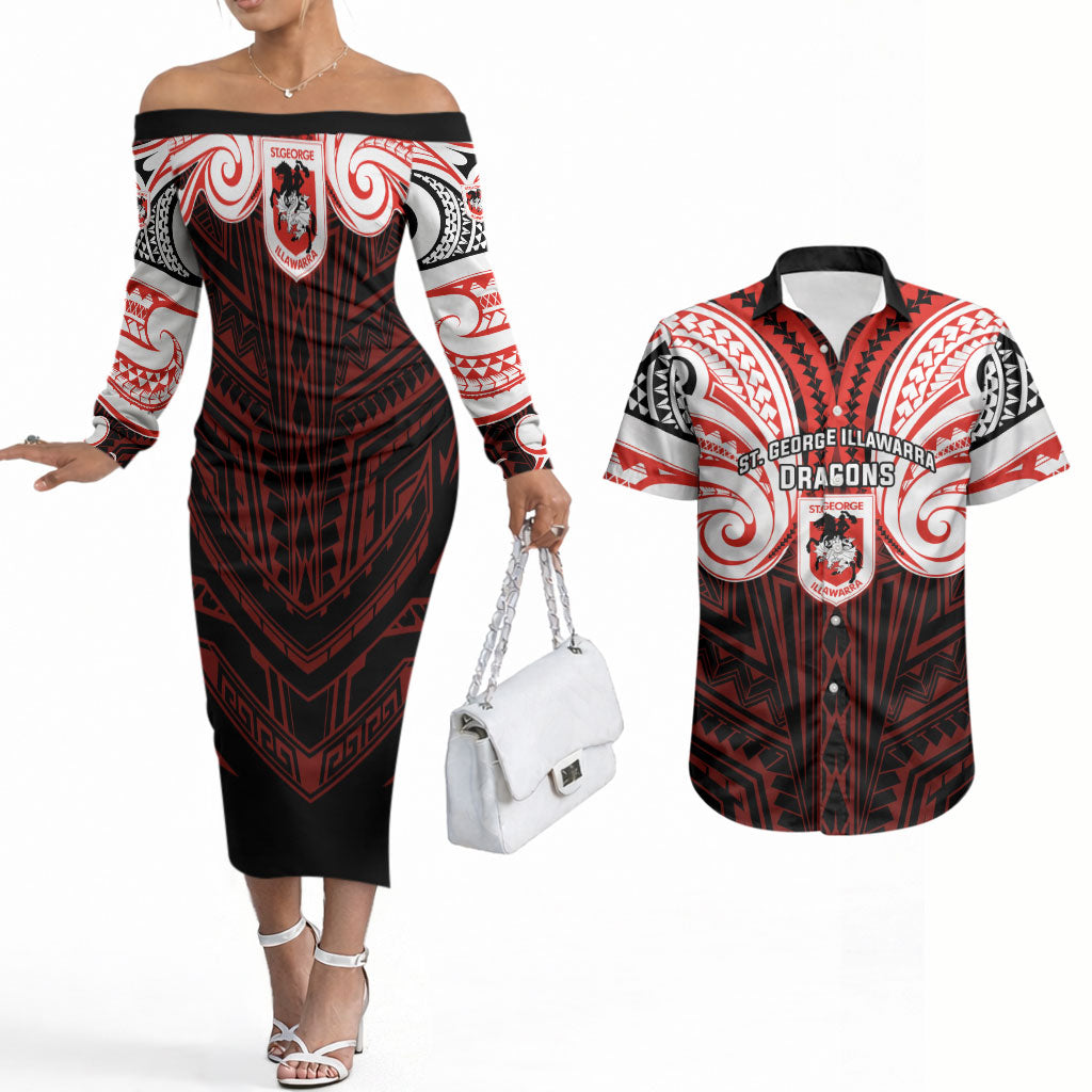 Custom St. George Illawarra Dragons Couples Matching Off The Shoulder Long Sleeve Dress and Hawaiian Shirt Dragon Warrior Polynesia Islander Rugby Mascot
