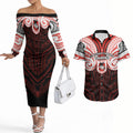 Custom St. George Illawarra Dragons Couples Matching Off The Shoulder Long Sleeve Dress and Hawaiian Shirt Dragon Warrior Polynesia Islander Rugby Mascot