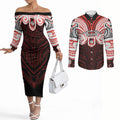 Custom St. George Illawarra Dragons Couples Matching Off The Shoulder Long Sleeve Dress and Long Sleeve Button Shirt Dragon Warrior Polynesia Islander Rugby Mascot
