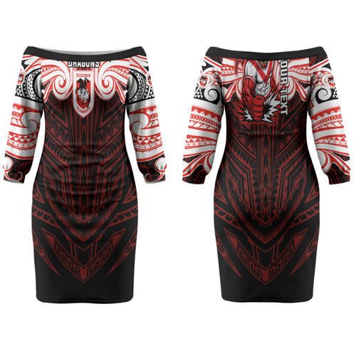 Custom St. George Illawarra Dragons Couples Matching Off The Shoulder Long Sleeve Dress and Long Sleeve Button Shirt Dragon Warrior Polynesia Islander Rugby Mascot
