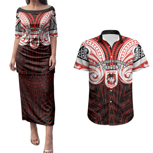 Custom St. George Illawarra Dragons Couples Matching Puletasi and Hawaiian Shirt Dragon Warrior Polynesia Islander Rugby Mascot