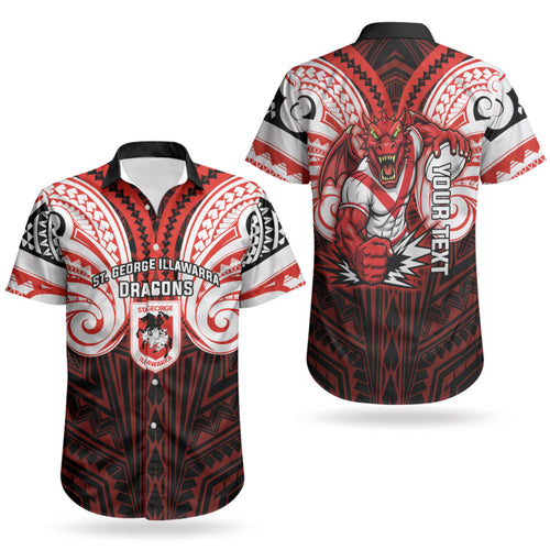 Custom St. George Illawarra Dragons Couples Matching Puletasi and Hawaiian Shirt Dragon Warrior Polynesia Islander Rugby Mascot