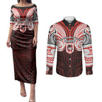 Custom St. George Illawarra Dragons Couples Matching Puletasi and Long Sleeve Button Shirt Dragon Warrior Polynesia Islander Rugby Mascot