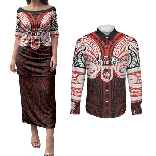 Custom St. George Illawarra Dragons Couples Matching Puletasi and Long Sleeve Button Shirt Dragon Warrior Polynesia Islander Rugby Mascot
