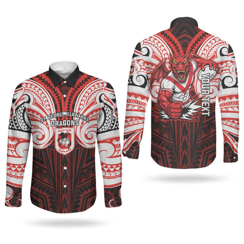 Custom St. George Illawarra Dragons Couples Matching Puletasi and Long Sleeve Button Shirt Dragon Warrior Polynesia Islander Rugby Mascot